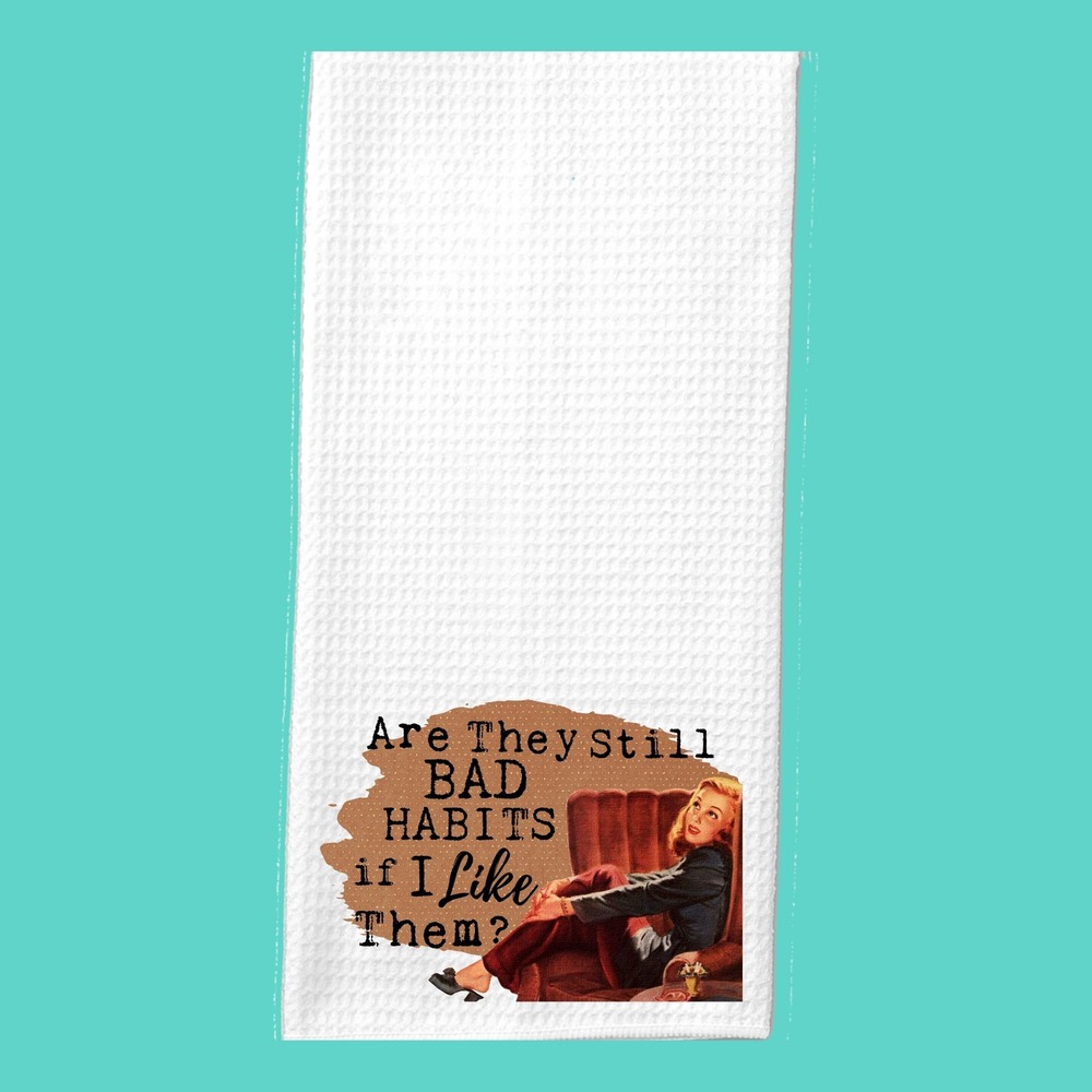Vintage Style Bad Habits Waffle Weave Kitchen Towel White Funny Retro Graphic - Picture 8 of 9